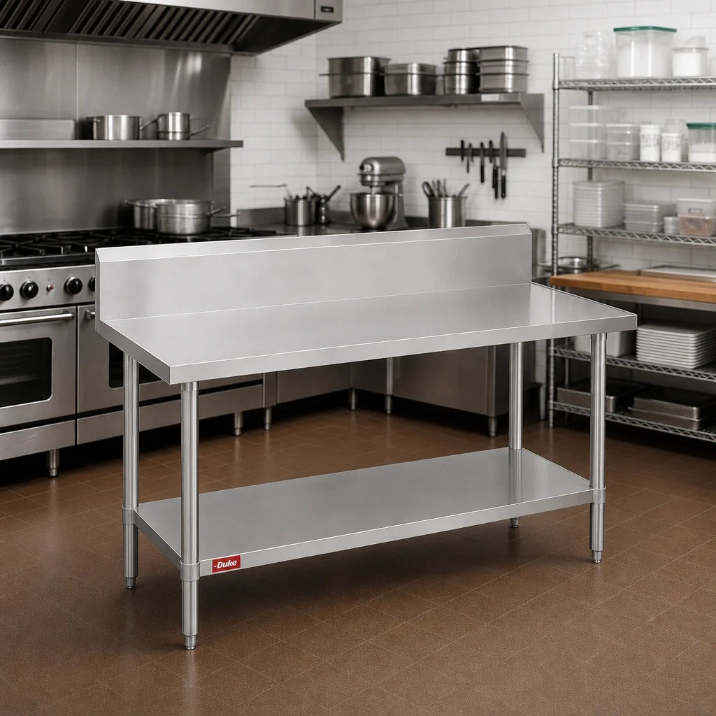 Duke 314S-2484-10R 84-Inch x 24-Inch Stainless Steel Work Table with 10-Inch Marine Edge Riser and Undershelf