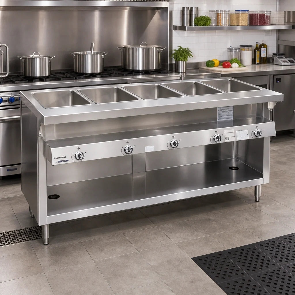 Duke Thurmaduke G-4-DLPG 60-Inch 4-Well Propane Gas Dry-Heat Steam Table with Enclosed Base and Open Undershelf