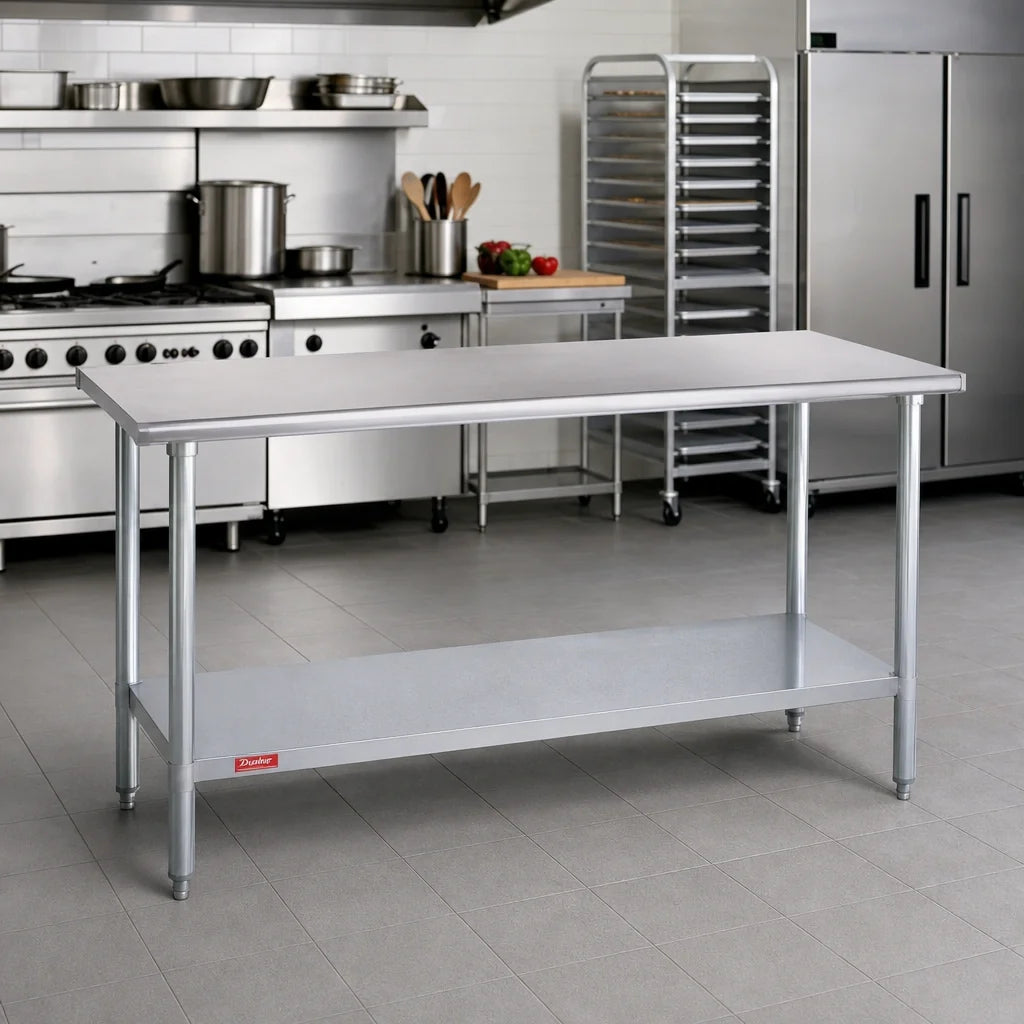 Duke 316-3672 72"W x 30"D Stainless Steel Work Table, 16-Gauge 300-Series Top, Galvanized Undershelf, No Backsplash