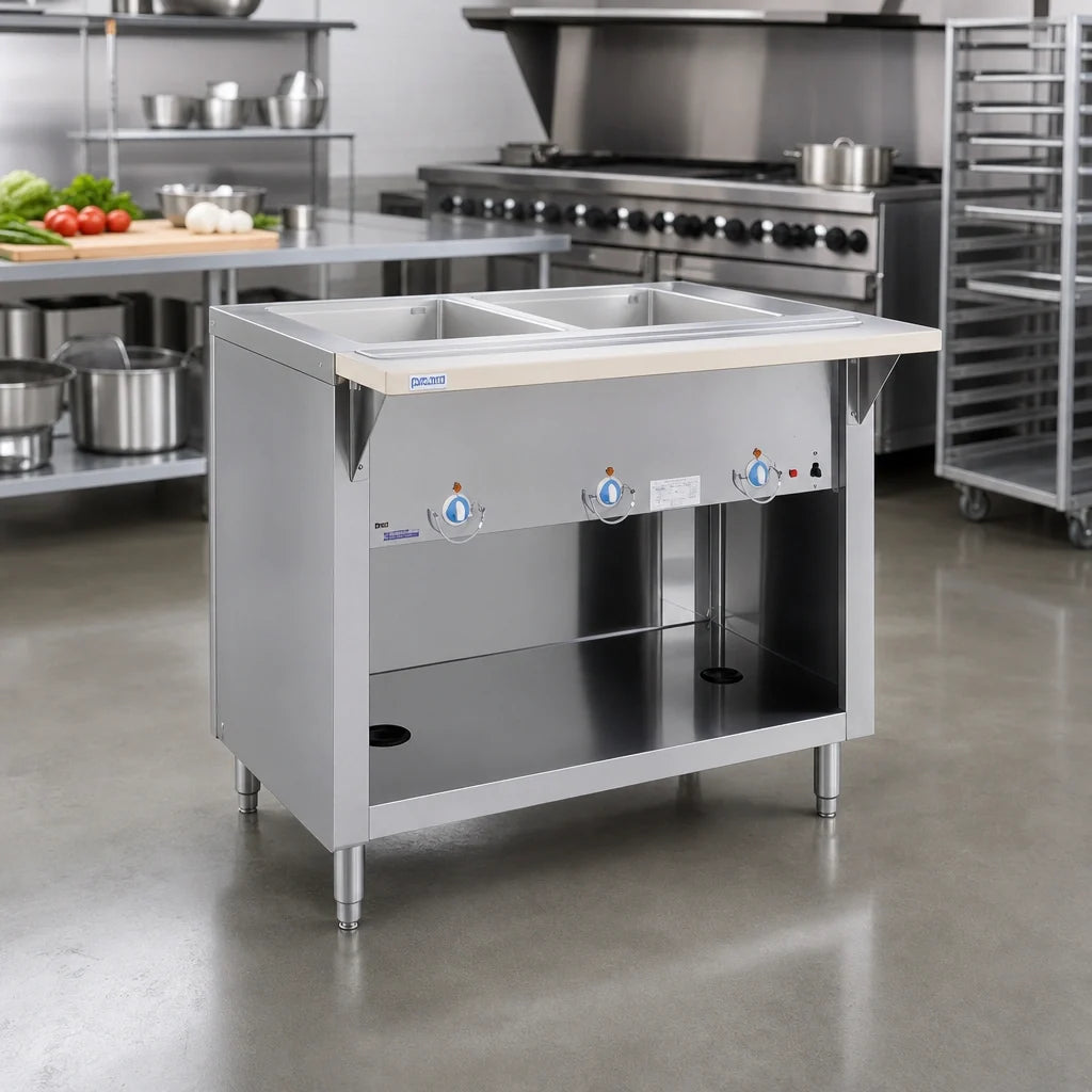 Duke Thurmaduke E-2-CBSS 2-Well Electric Steamtable with Open Storage Base, Sealed Wells, 32-Inch Stainless Steel