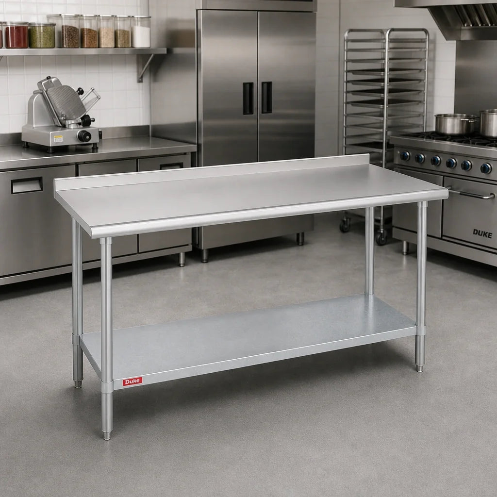 Duke 314-3060-2R 60 x 30-Inch Stainless Steel Work Table, 14-Gauge 300 Series Top, Straight Riser, Galvanized Undershelf