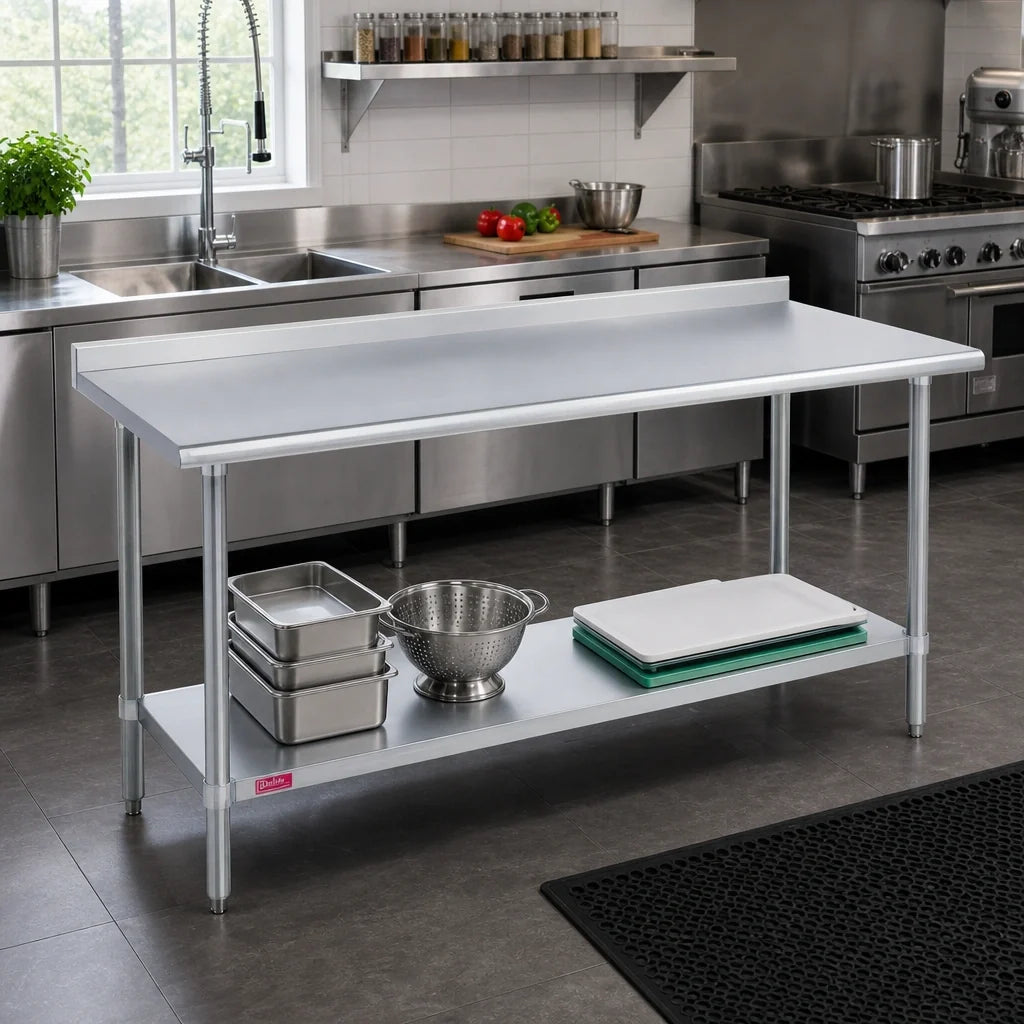 Duke 416-2472-2R 72" x 24" Stainless Steel Work Table, 16-Gauge 400 Series Top, 1-1/8" Riser, Galvanized Undershelf