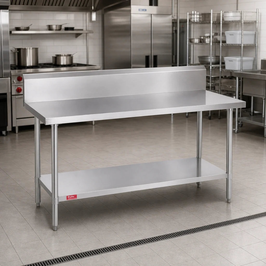 Duke 314S-3672-10R 72 x 36 in Stainless Steel Work Table, 14-Gauge 300 Series Top, 10-in Riser, Adjustable Undershelf