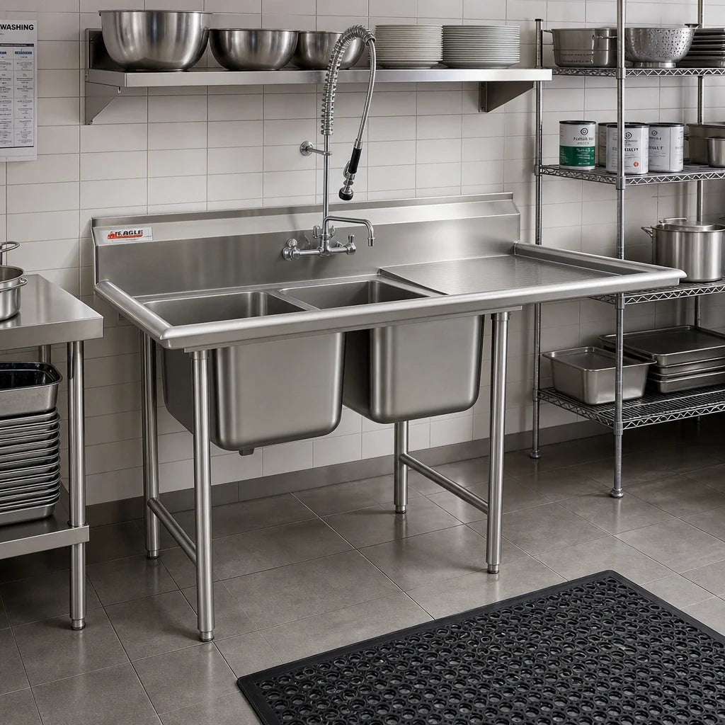 Eagle Group 414-24-2-18R 2-Compartment Stainless Steel Sink, 24 x 24 x 13-1/2 Inch Bowls, Right Drainboard, 9-1/2 Inch Backsplash