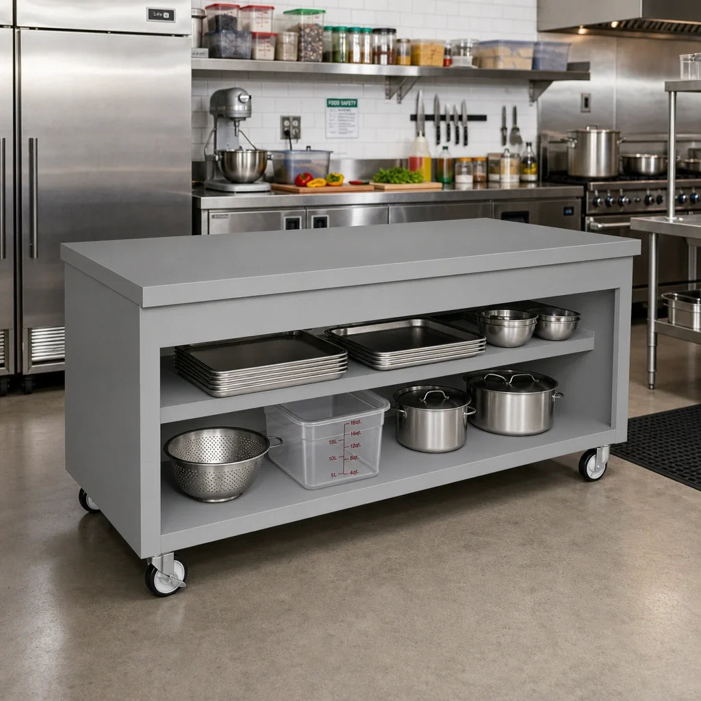 Duke Thurmaduke TST-74PG 74"W Mobile Solid Top Utility Counter, Stainless Steel Top, Undershelves
