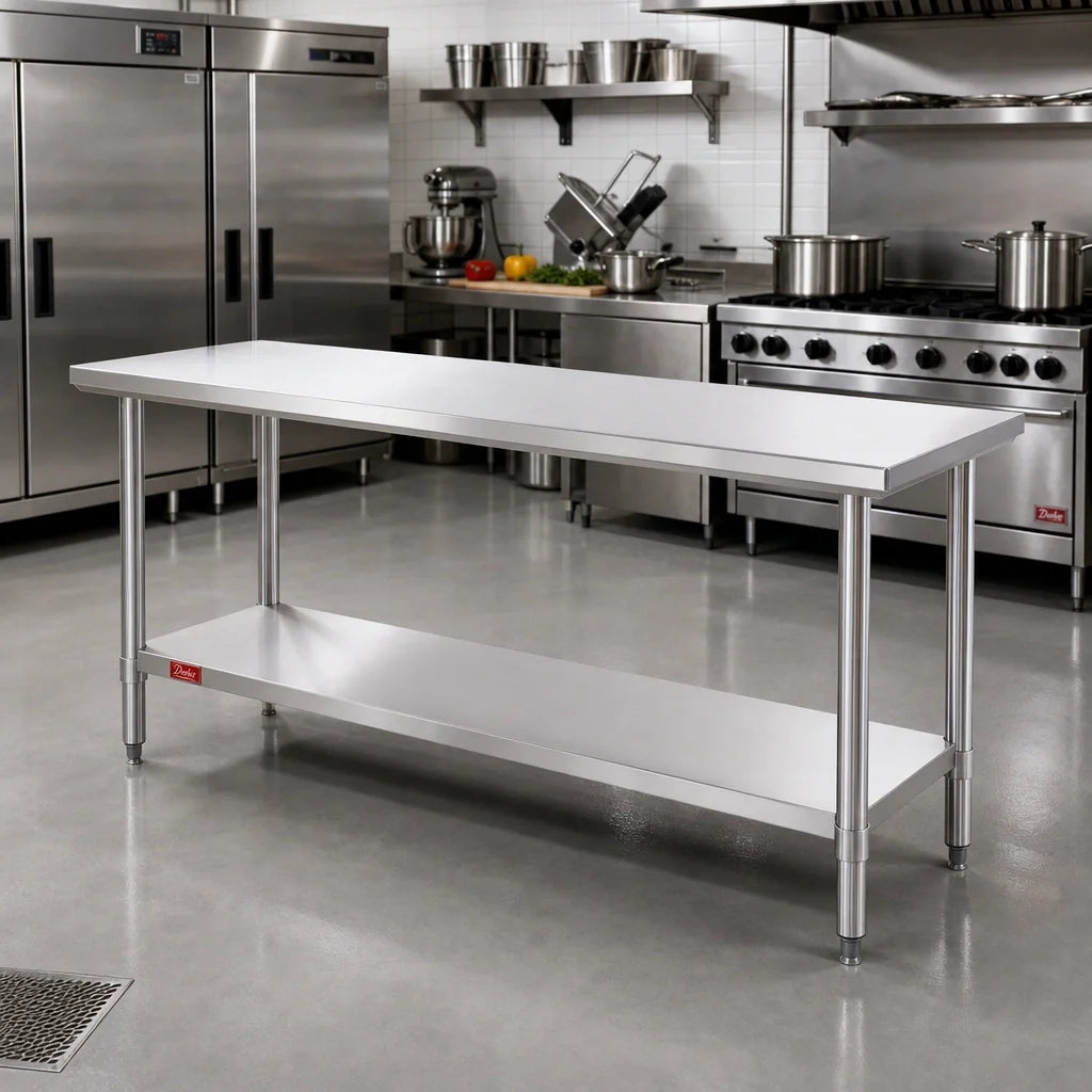 Duke 416S-24108 108-Inch Stainless Steel Work Table, 16-Gauge 400 Series Top, Flat, Open Base with Undershelf