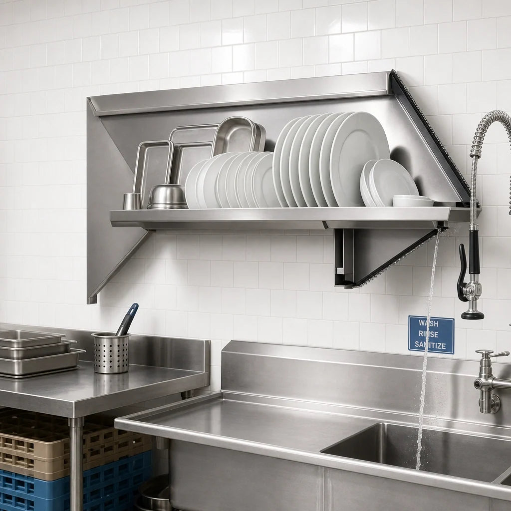 Eagle Group 606643-X Wall-Mounted Solid Slanted Dish Table Rack Shelf, 63"W, Right-Side Drip Tube, 304 Stainless Steel