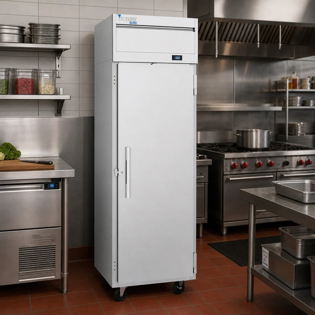 Victory Refrigeration Elite™ VEFSA-1D-SD-HC 1-Section Top-Mount Reach-In Freezer, 21.66 Cu. Ft., 26-Inch Wide, Solid Right-Hand Door