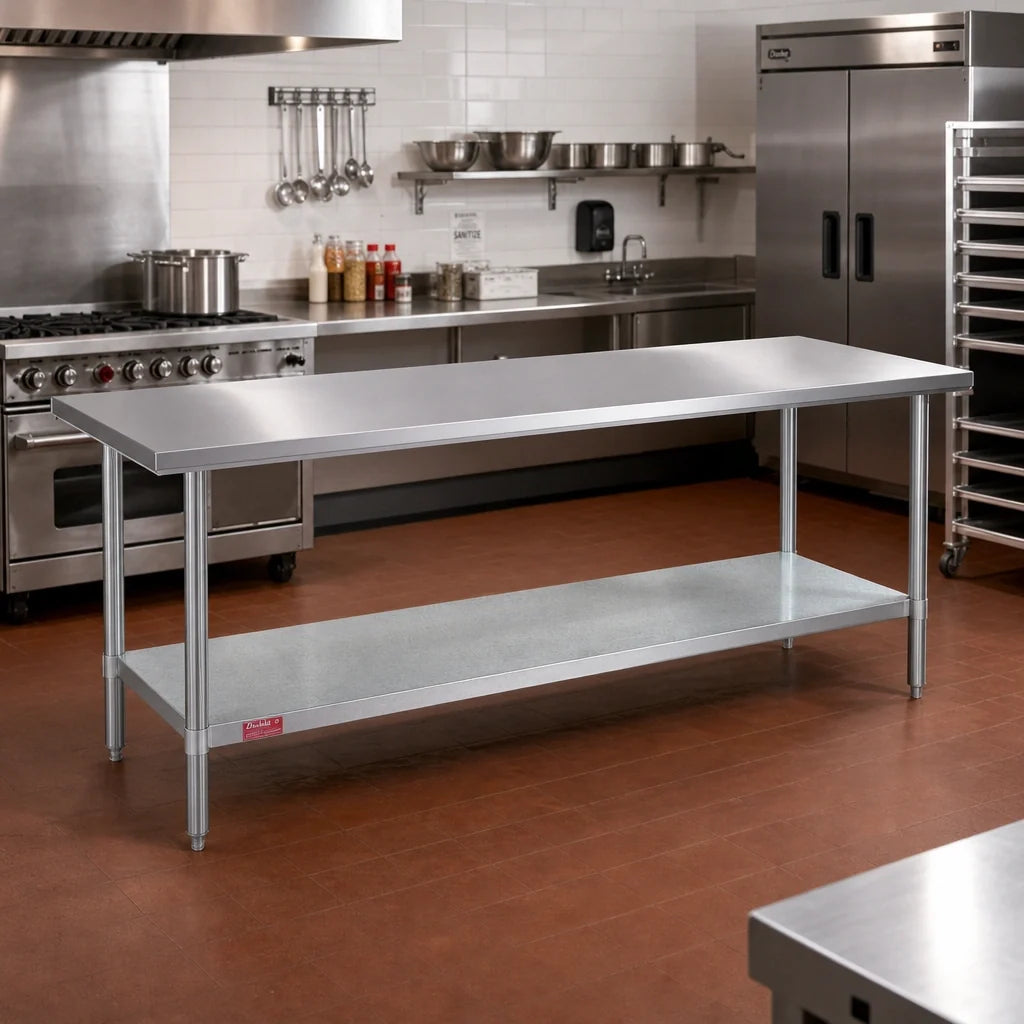 Duke 314-36144 144-Inch Stainless Steel Work Table, Open Galvanized Undershelf, 14-Gauge 300 Series Top, No Backsplash