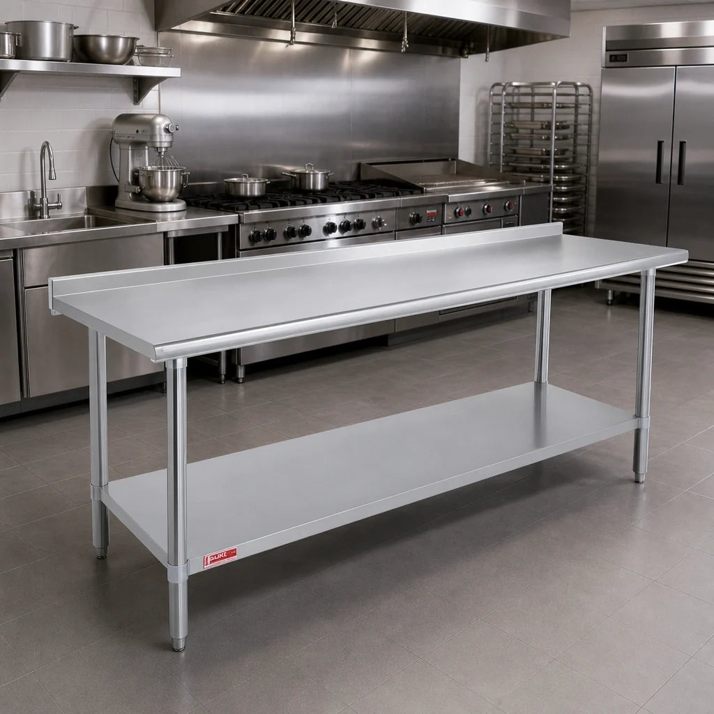 Duke 316S-36120-2R Stainless Steel Work Table, 120"W x 36"D, 16-Gauge 300 Series Top, 1-1/8" Riser, Undershelf