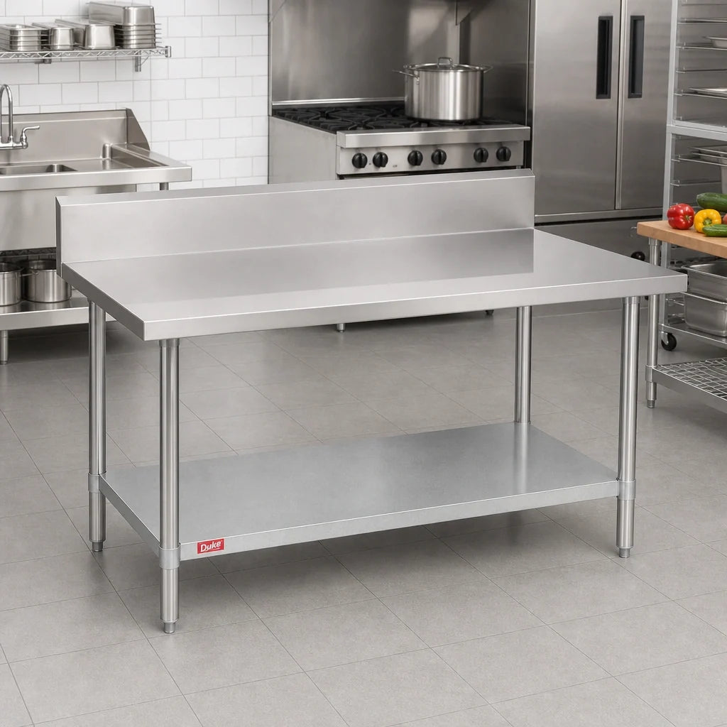 Duke 314-3648-10R 48 x 36 Inch Stainless Steel Work Table with 10 Inch Riser, Marine Edge and Galvanized Undershelf