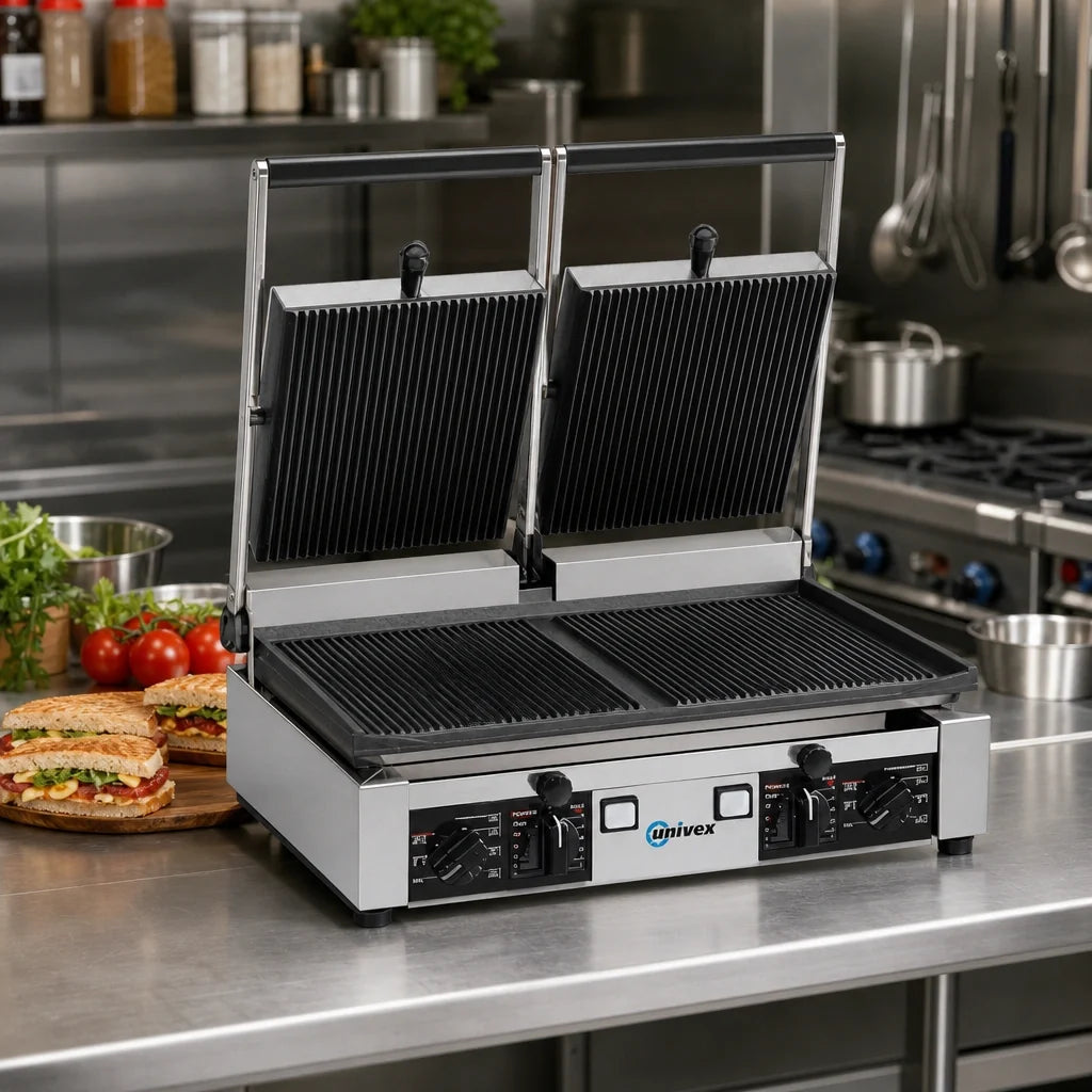 Univex PPRESS2R Double Countertop Electric Panini Press with Ribbed Cast Iron Plates, Manual Controls, 19.6 x 10 Inch Surface