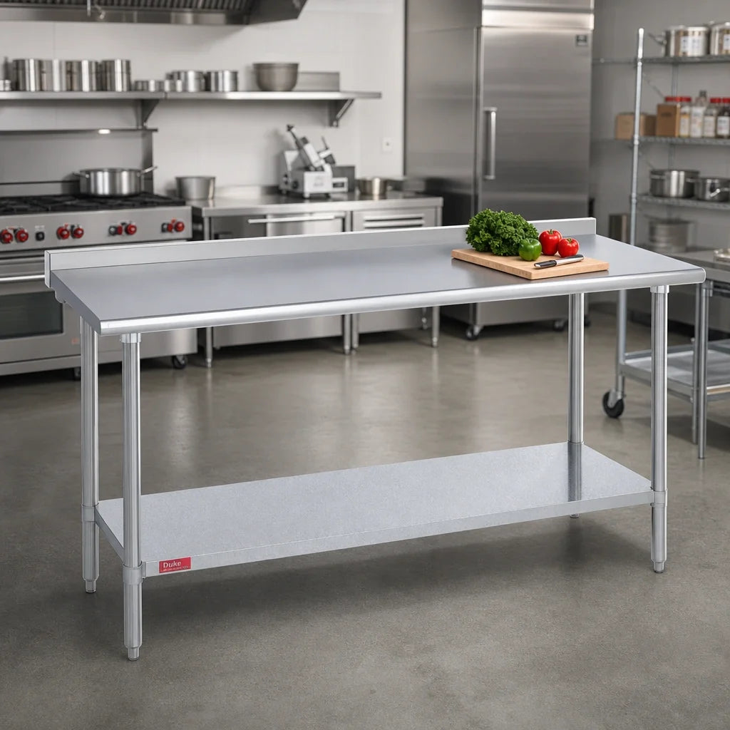 Duke 416-30120-2R Stainless Steel Work Table, 120 x 30 in, 16-Gauge 400 Series Top, 1-1/8 in Riser, Galvanized Undershelf