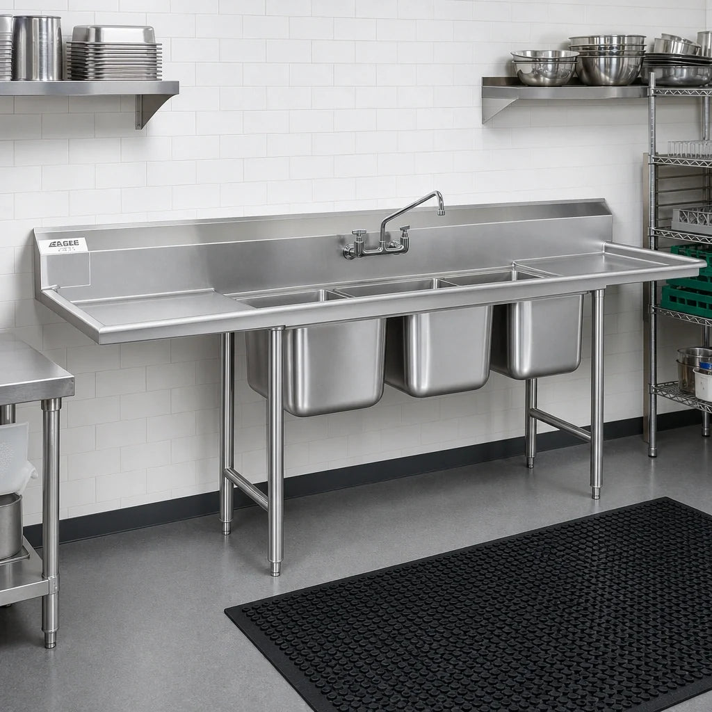 Eagle Group 314-24-3-24L-X 304 Stainless Steel Three-Compartment Sink, 24 x 24 x 13-1/2 Inch Compartments, Left Drainboard, 104-3/4 Inch Wide