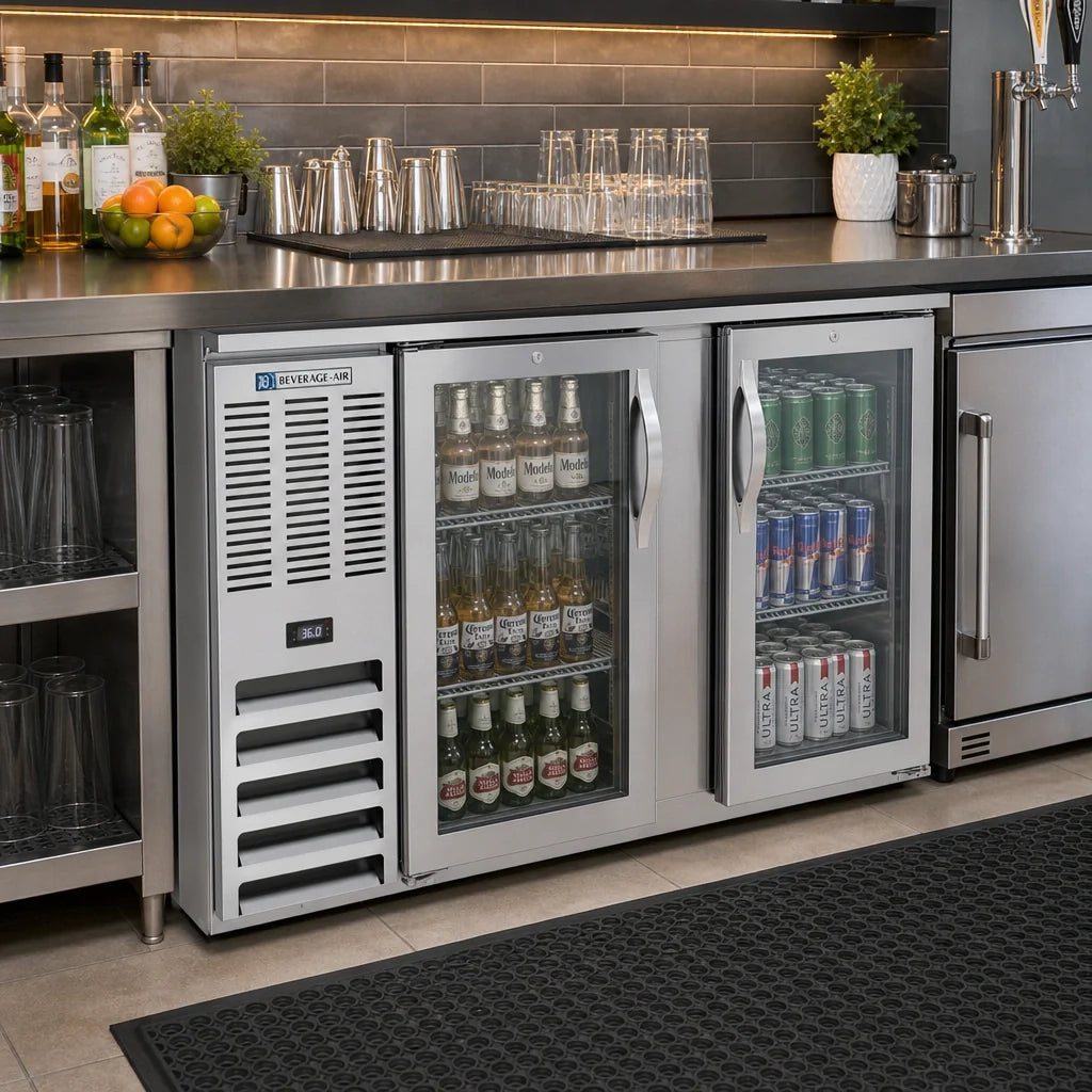 Beverage Air BB58HC-G-S 58-Inch Two-Door Glass Back Bar Refrigerator, Stainless Steel, Self-Contained Left-Mounted Refrigeration