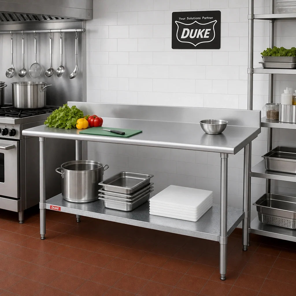 Duke 314-3048-5R 48 x 30 Inch Stainless Steel Work Table, 5 Inch Riser, Galvanized Undershelf, 14 Gauge 300 Series Top