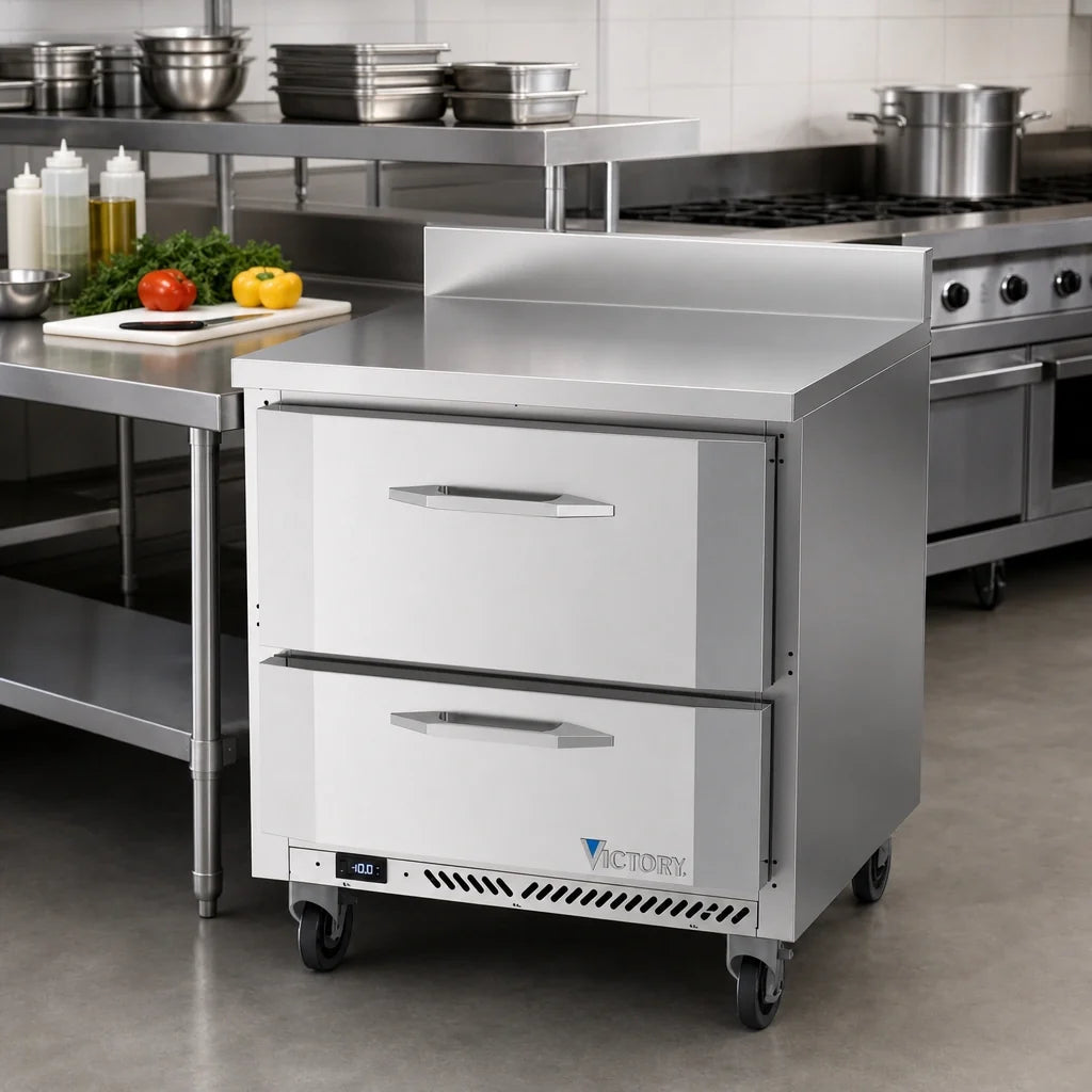 Victory Refrigeration VWFD32HC-2 32-Inch Stainless Steel Worktop Freezer with 2 Drawers, 7.22 Cu. Ft., Rear-Mounted Self-Contained Refrigeration