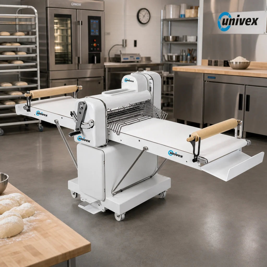 Univex SFG 600 TL Reversible Floor-Model Dough Sheeter, 24-Inch Adjustable Hard Chrome Rollers, Variable Speed, Foot-Pedal Operation