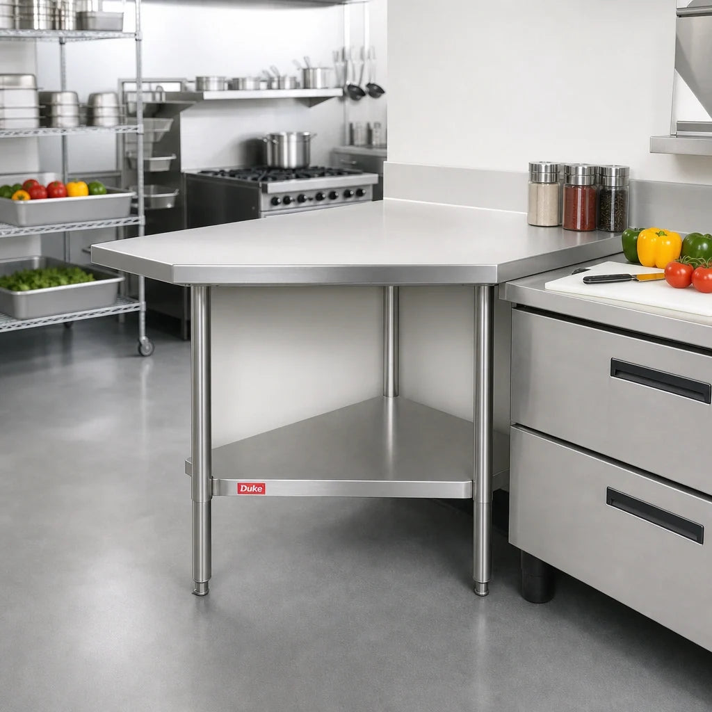 Duke 314S-3030 Stainless Steel Corner Work Table, 30 x 30 in, 14-Gauge 300 Series Top, Flat Top with Undershelf