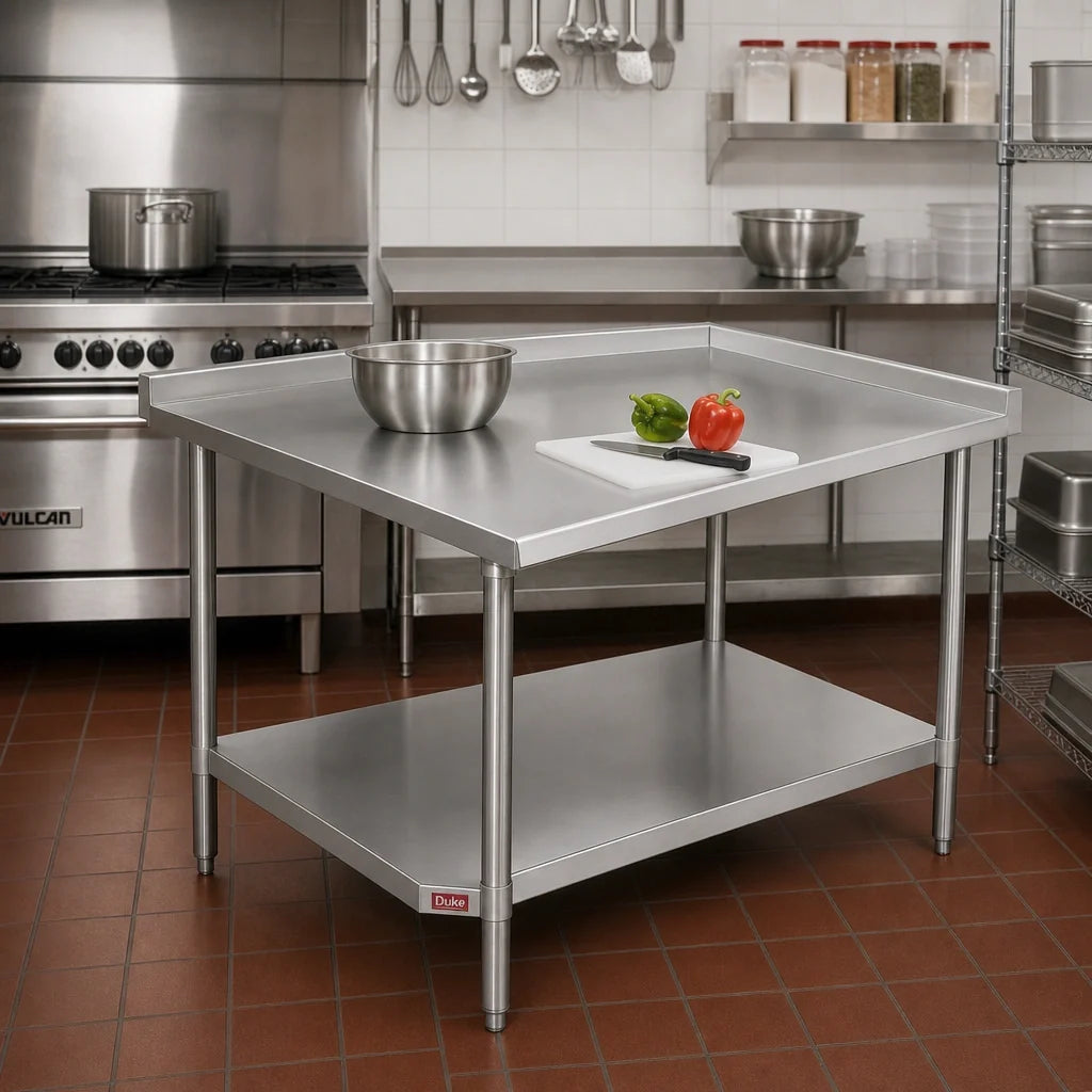 Duke 416S-3030-2R 30" x 30" Stainless Steel Corner Work Table, 16 Gauge 400 Series Top, 1-1/8" Riser, Undershelf