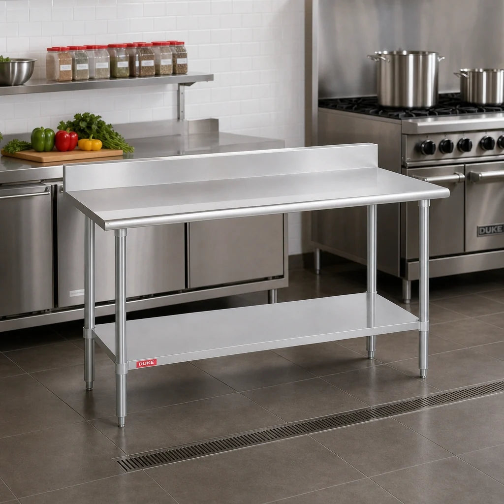 Duke 416S-3030-5R 30 x 30 Inch Stainless Steel Work Table, 16-Gauge 400 Series Top, 5-Inch Riser, Undershelf