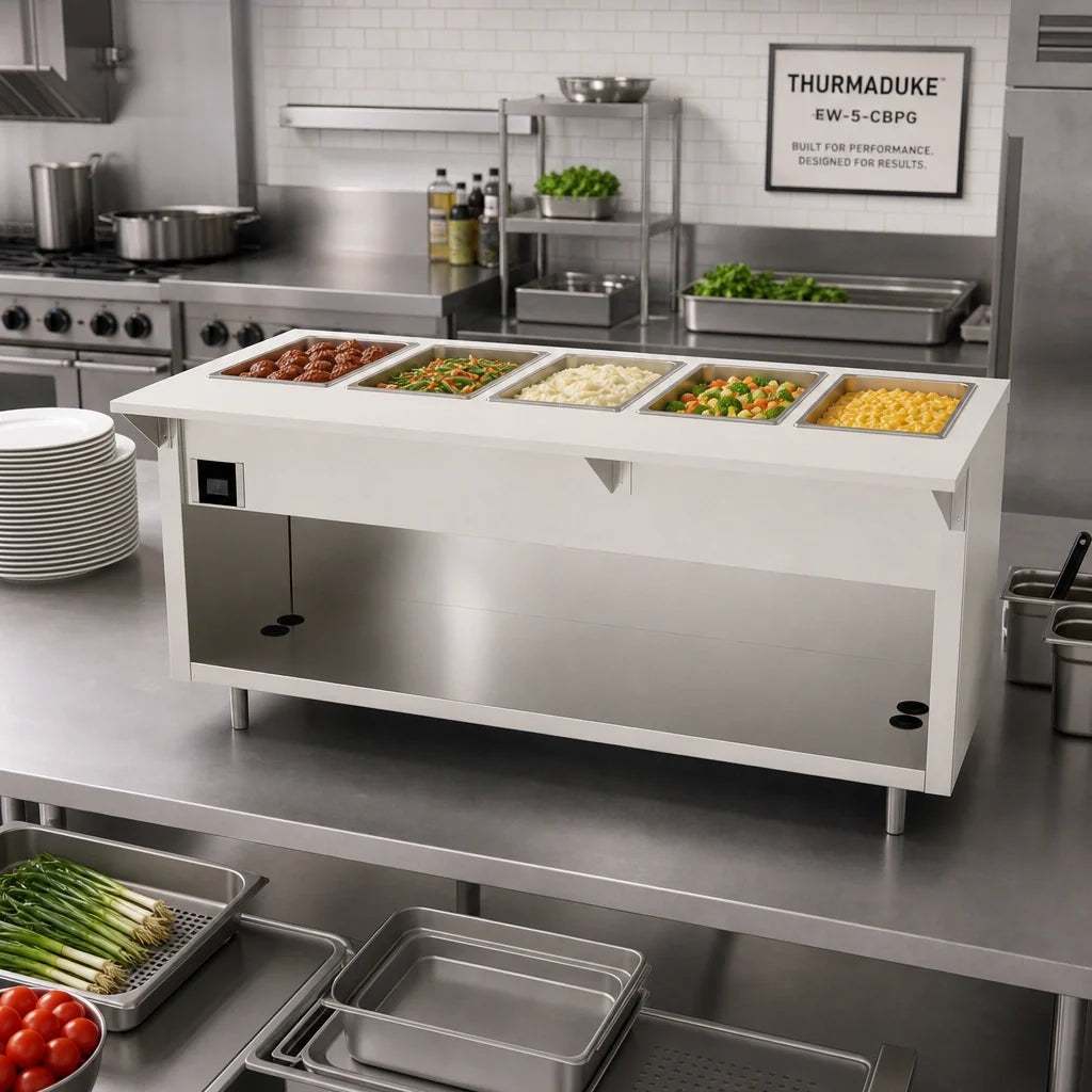 Duke Thurmaduke EW-5-CBPG 5-Well Waterless Electric Hot Food Holding Unit, 74"W, Touchscreen, Open Storage Base