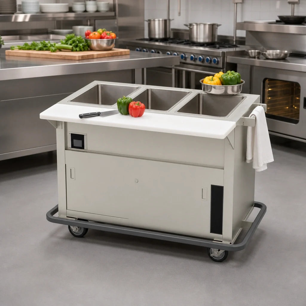 Duke Thurmaduke EPW-3-CBSS Mobile 3-Pan Waterless Well Steamtable with Touchscreen Control and Cutting Board