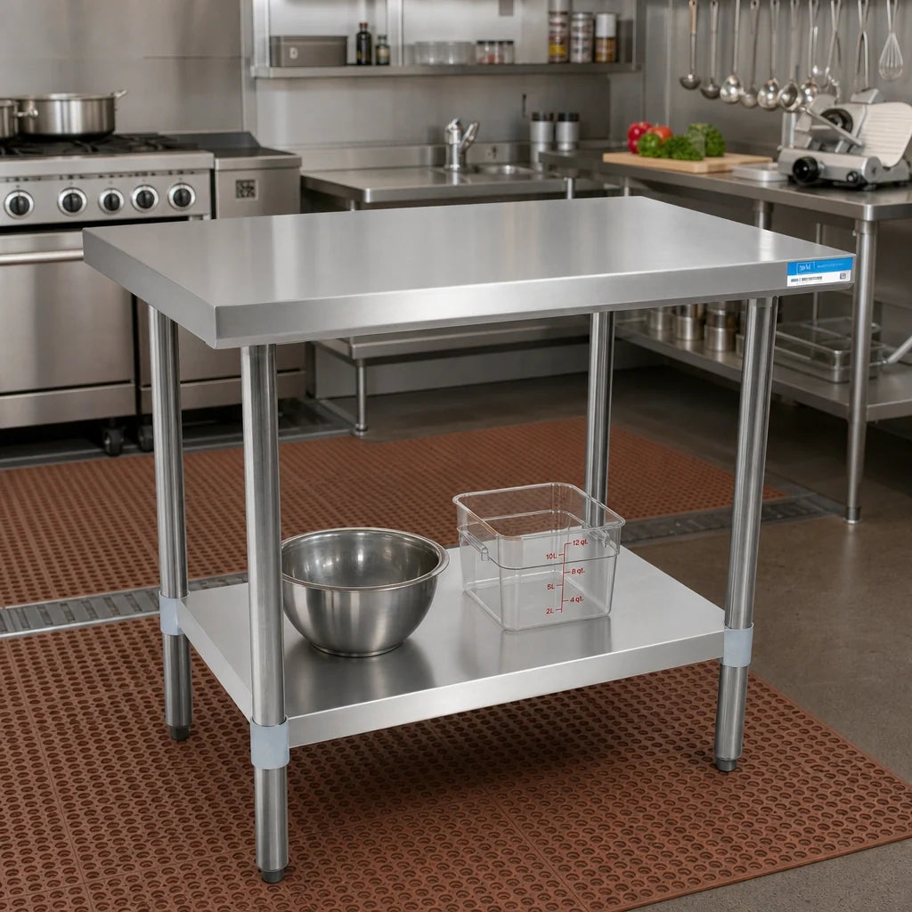 BK Resources SVT-4830 48" x 30" Stainless Steel Work Table with 18-Gauge 430 Top and Adjustable Undershelf