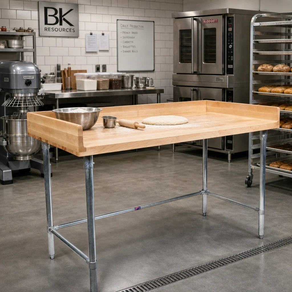 BK Resources MBTSOB-6036 60" x 36" Hard Maple Bakers Table with Stainless Steel Open Base and 4" Coved Risers