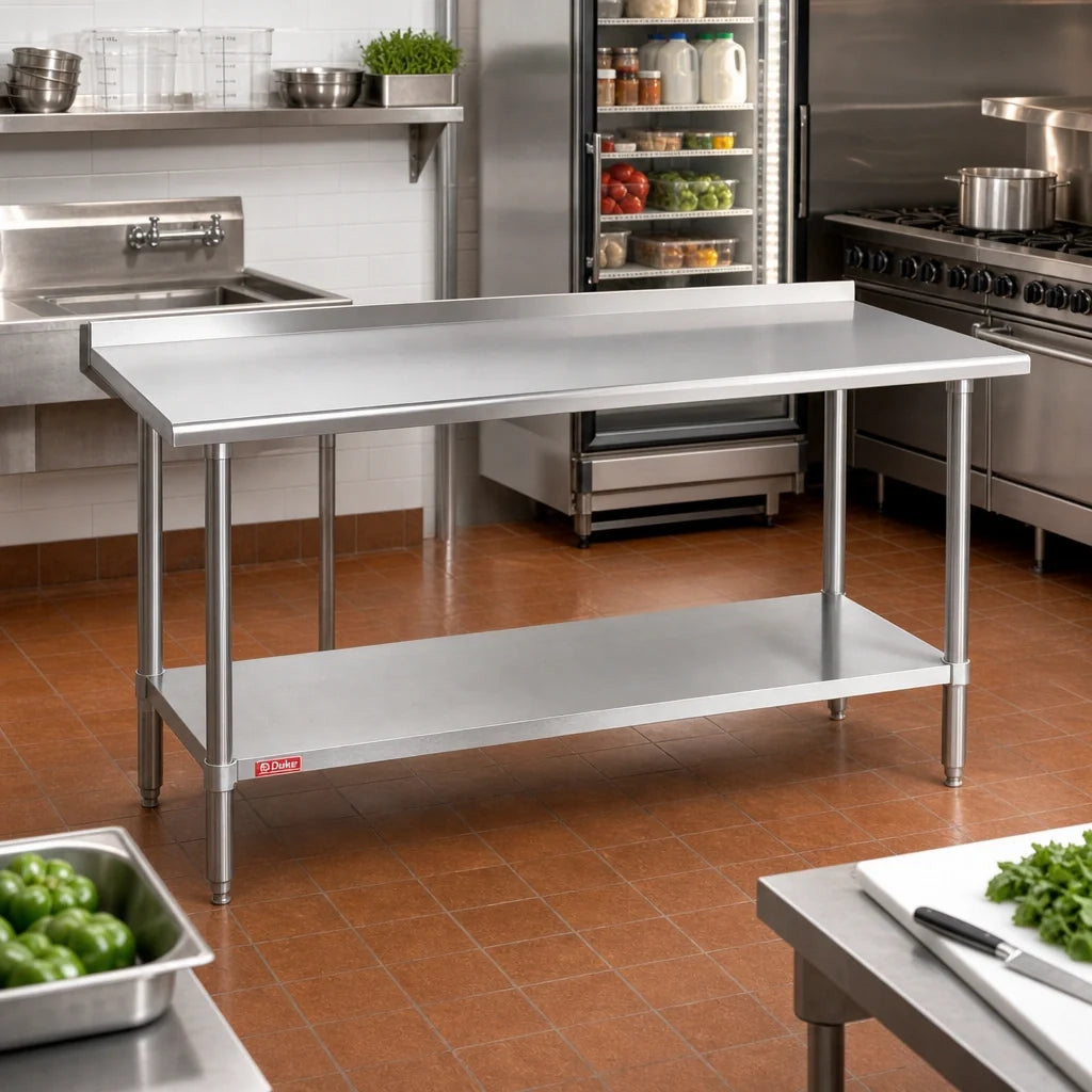 Duke 314-3072-2R 72-Inch x 30-Inch Stainless Steel Work Table with 1-1/8-Inch Riser and Galvanized Undershelf