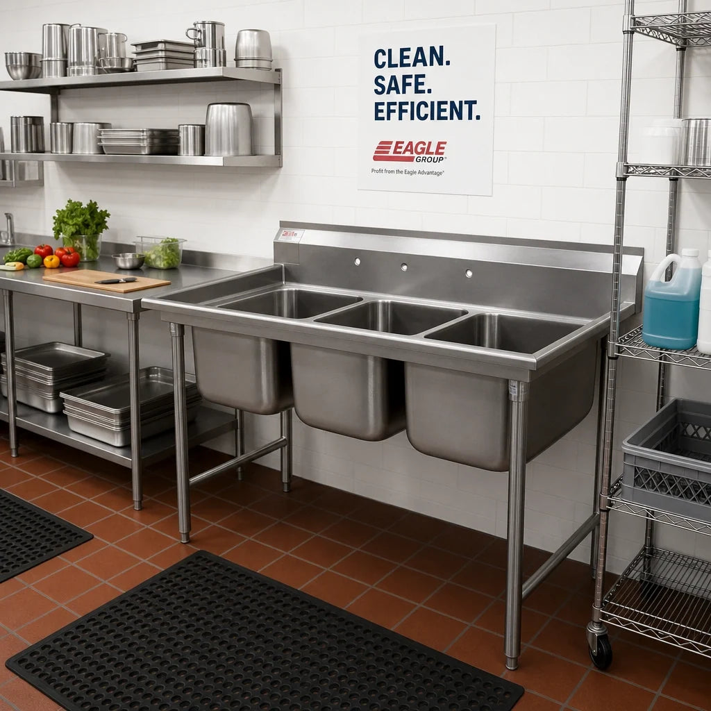 Eagle Group 414-22-3 Three-Compartment Coved-Corner Sink, 22 x 22 x 13-1/2 Inch Bowls, No Drainboards, 77-1/2 Inch Wide