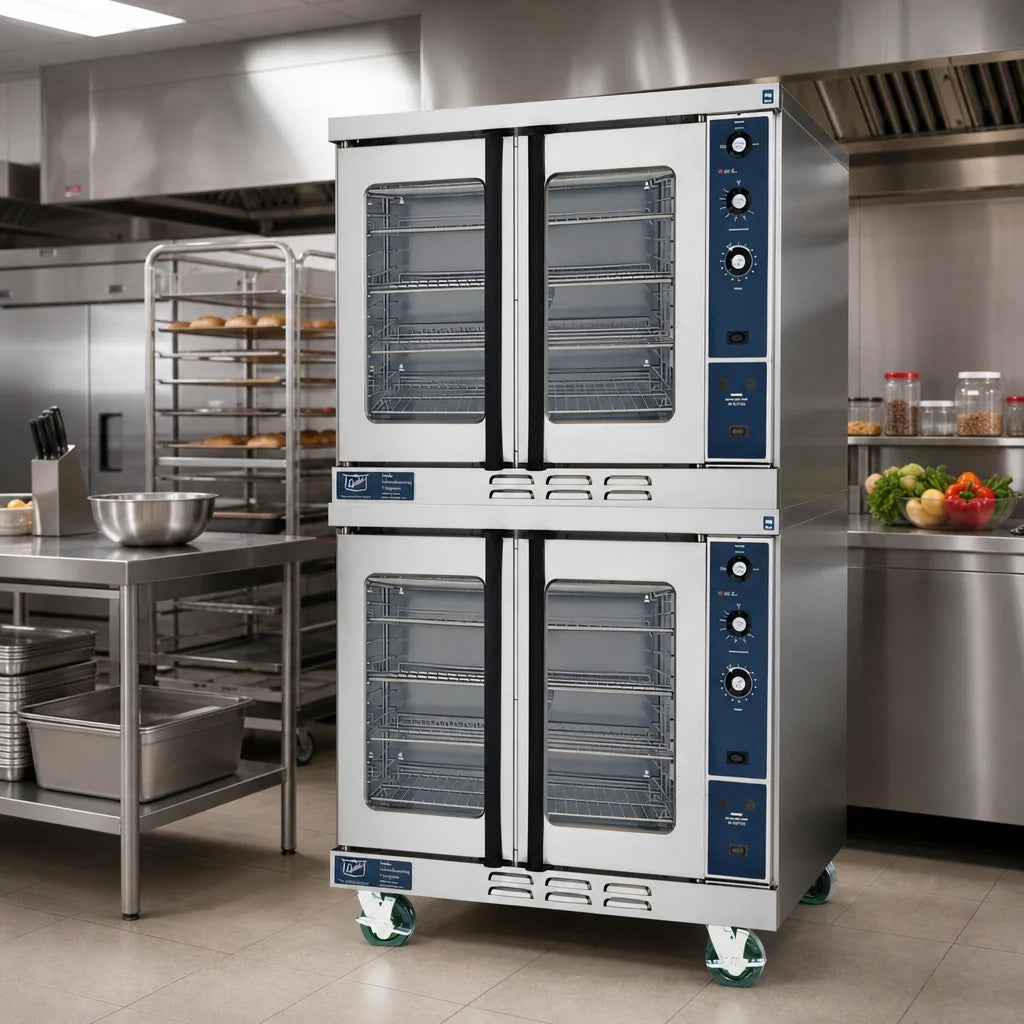Duke 613Q-E4XX Double-Deck Deep-Depth Electric Convection Oven, 6 Full-Size Pans per Deck, Solid-State Controls, Legs