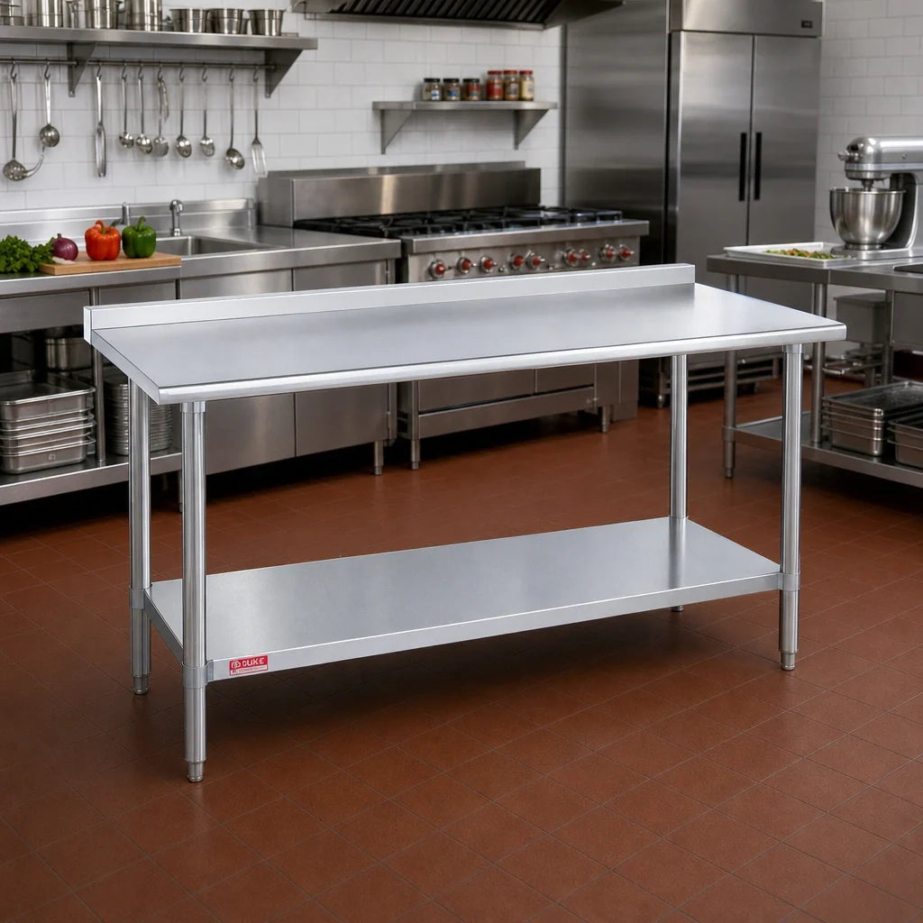 Duke 314-3648-2R 48 x 36-Inch 14-Gauge Stainless Steel Work Table with 1-1/8-Inch Riser and Galvanized Undershelf