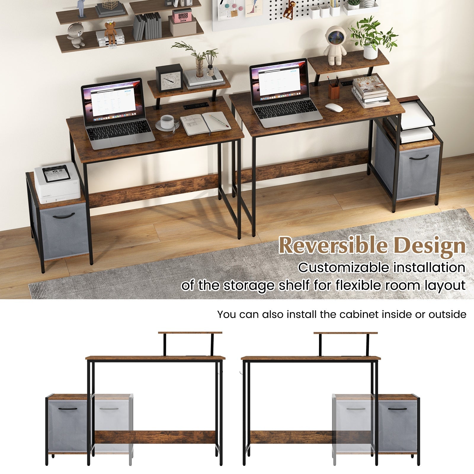Computer Desk with Reversible Storage Drawer and Moveable Shelf-Brown