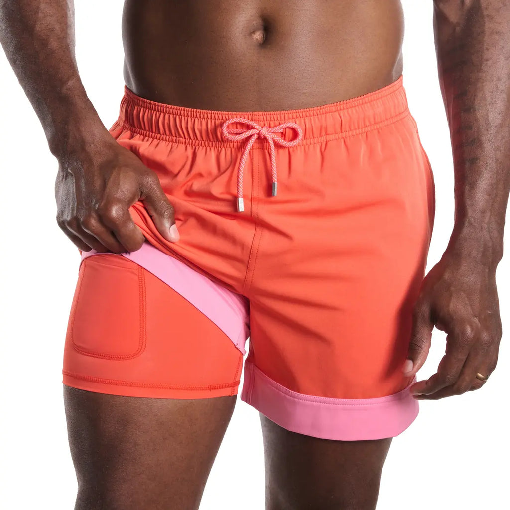 Coral Flame Hybrid Short, Compression Lined Swim and Resort Trunk