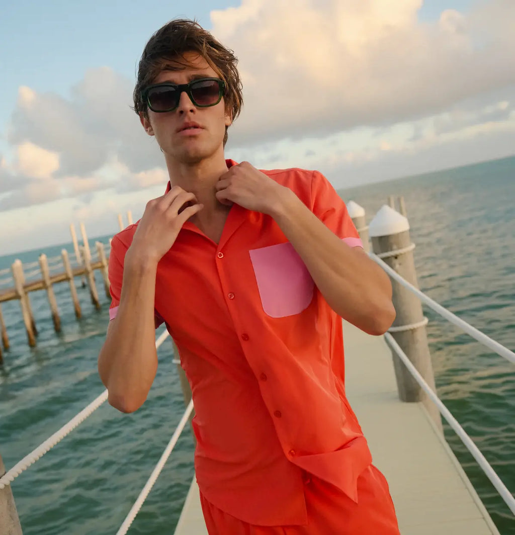 Coral Flame Men's Button Down Resort Shirt, Modern Fit