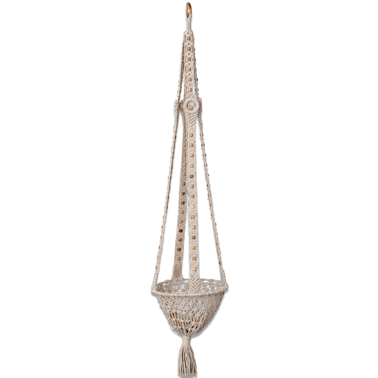 Cotton Macrame Plant Hanger with Wood Beads & Tassel