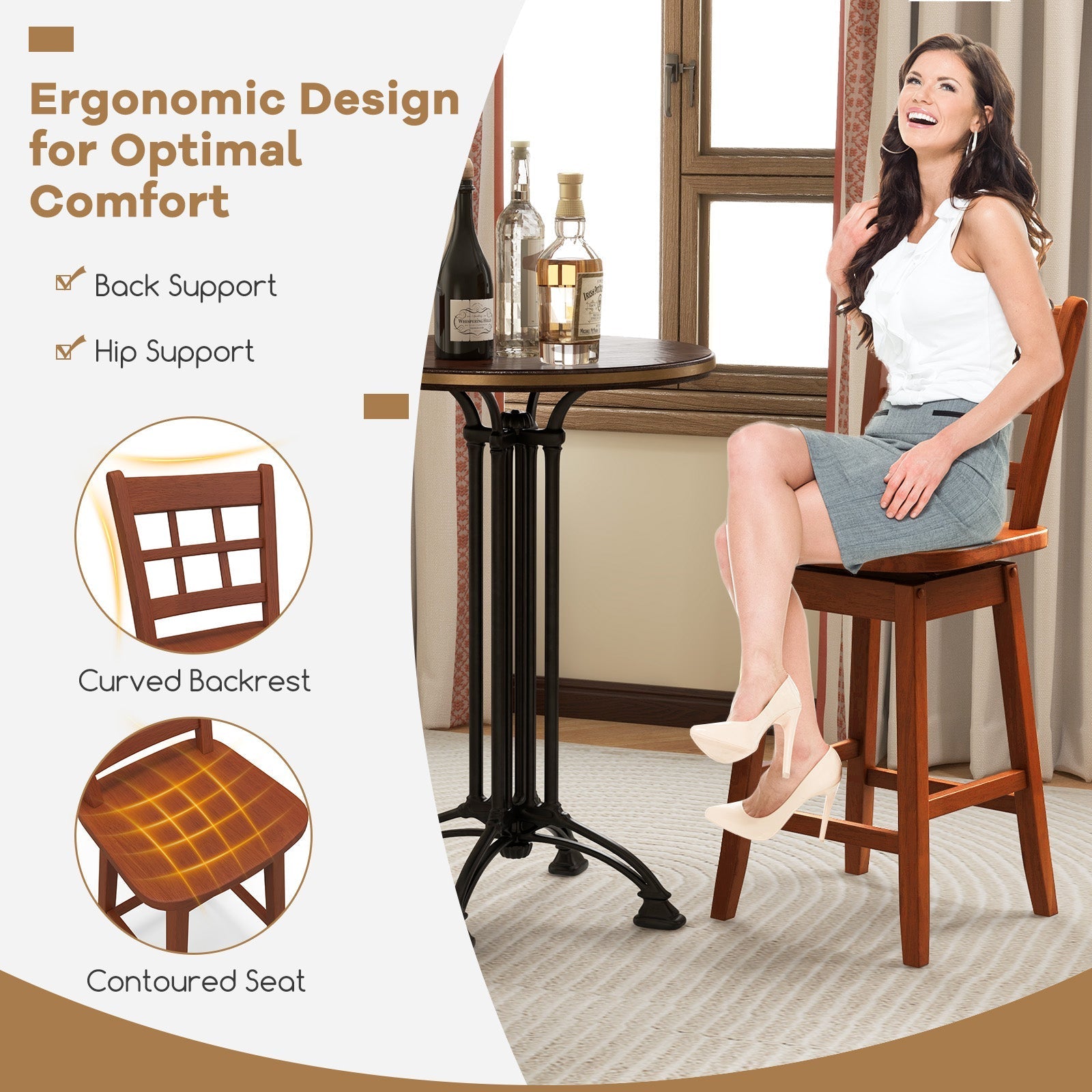 Counter Height Barstools Set of 2 with 6-Grid Hollow Back and Seat