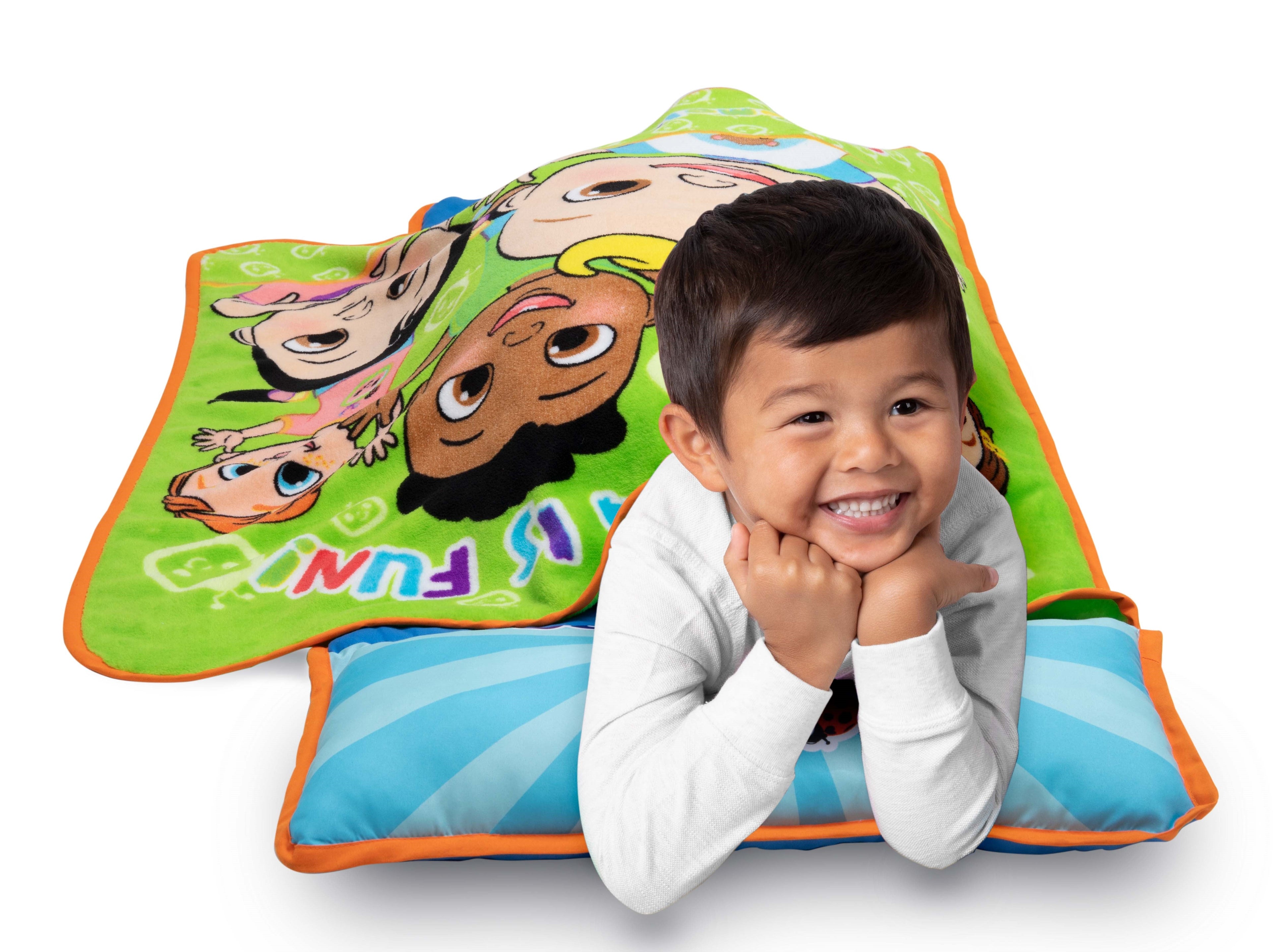 NoJo CoComelon Plush Toddler Nap Mat - Includes Attached Pillow and Fleece Blanket, Green, and Blue