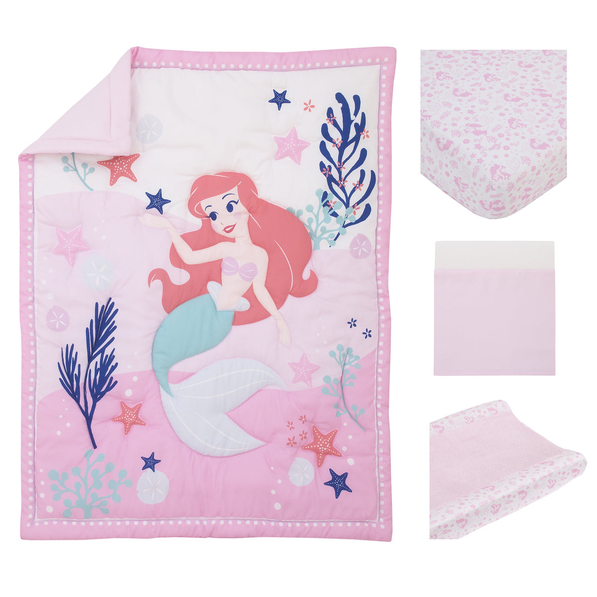 The Little Mermaid Pink, Aqua, and Coral Ariel Cute by Nature 4 Piece Nursery Crib Bedding Set - Comforter, Fitted Crib Sheet, Changing Pad Cover, and Crib Skirt