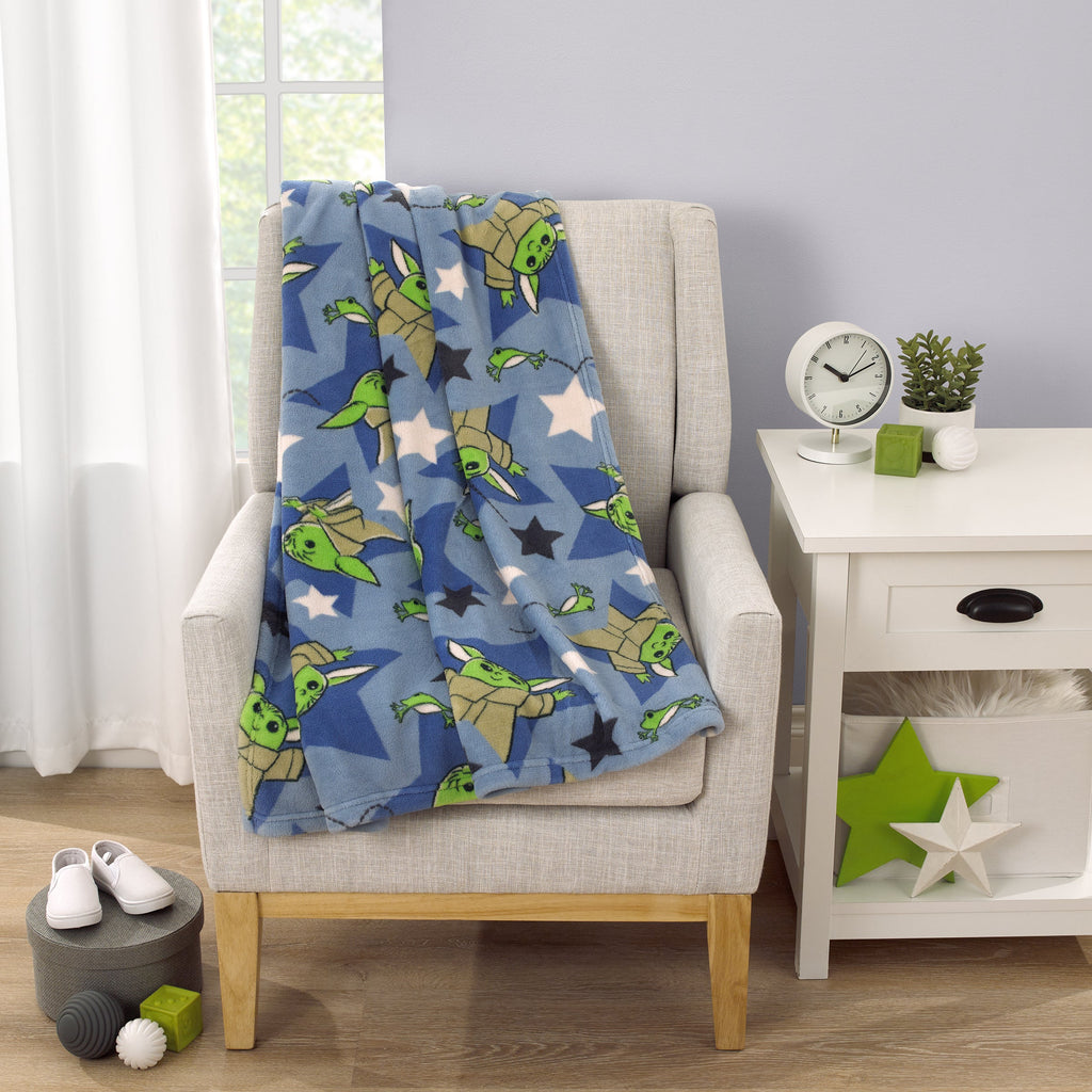 The Child Cutest in the Galaxy Blue, Green, and Gray, Grogu, Stars, and Hover Pod Super Soft Toddler Blanket