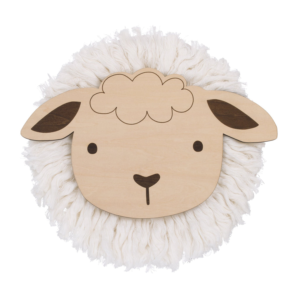 Natural Wood Sheep Wall Decor with Ivory Yarn Wool