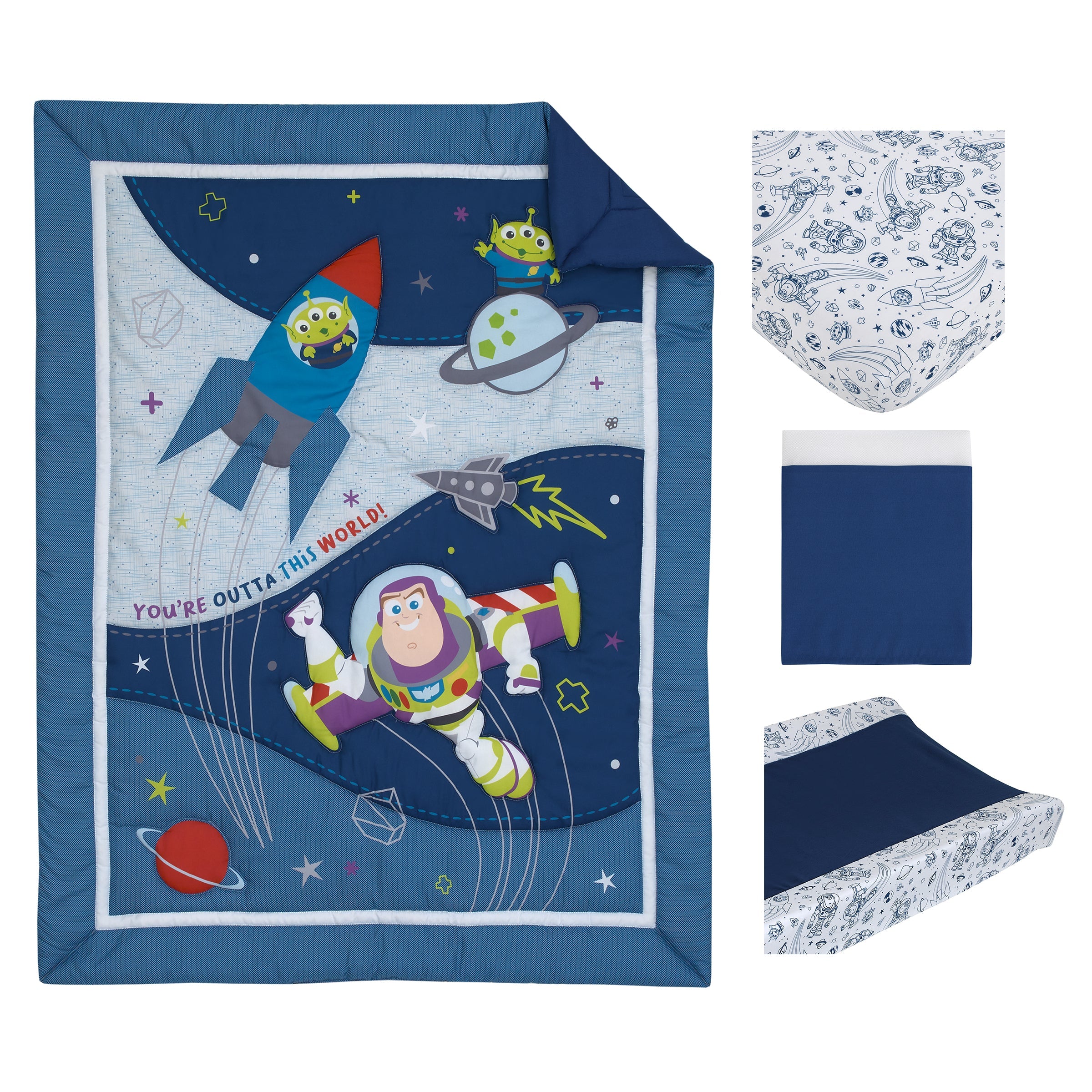 Toy Story Outta This World Blue and Gray Buzz Lightyear 4 Piece Nursery Crib Bedding Set - Comforter, Fitted Crib Sheet, Changing Pad Cover, and Crib Skirt