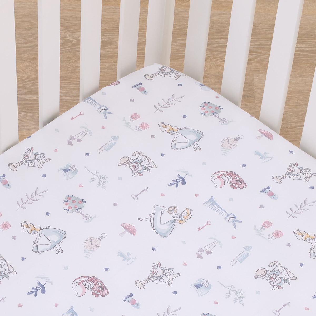 Disney Alice in Wonderland Light Blue, Pink, and White, Rabbit, and Cheshire Cat Super Soft Nursery Fitted Mini Crib Sheet