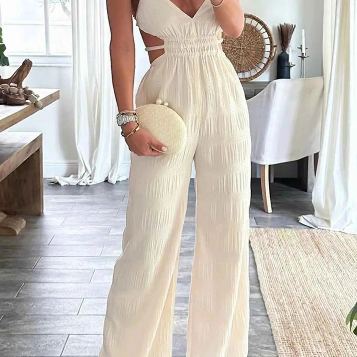 Cut-Out V-Neck Sleeveless Wide Leg Jumpsuit