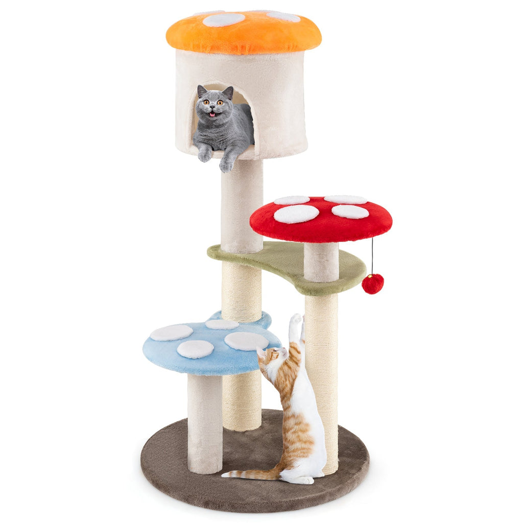 Cute Mushroom Cat Tree with Sisal Scratching Posts Top Condo and Padded Platforms-Multicolor