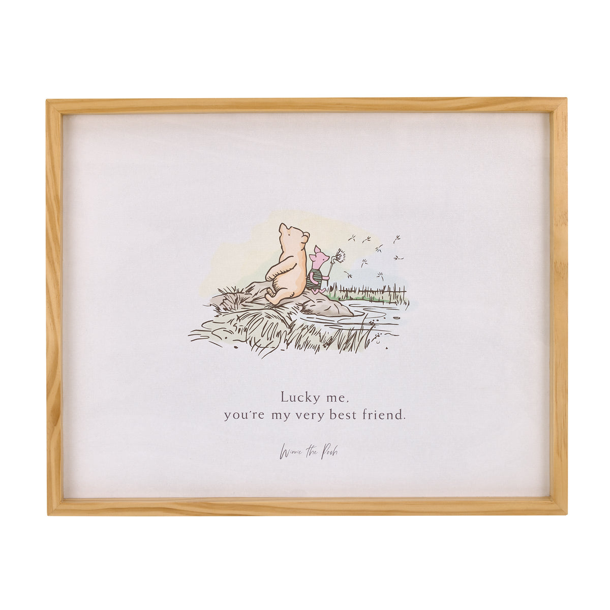 Winnie the Pooh - Classic Pooh "Lucky Me, You're My Very Best Friend" with Piglet Natural Pine Wood Framed Art Canvas Wall DÃ©cor