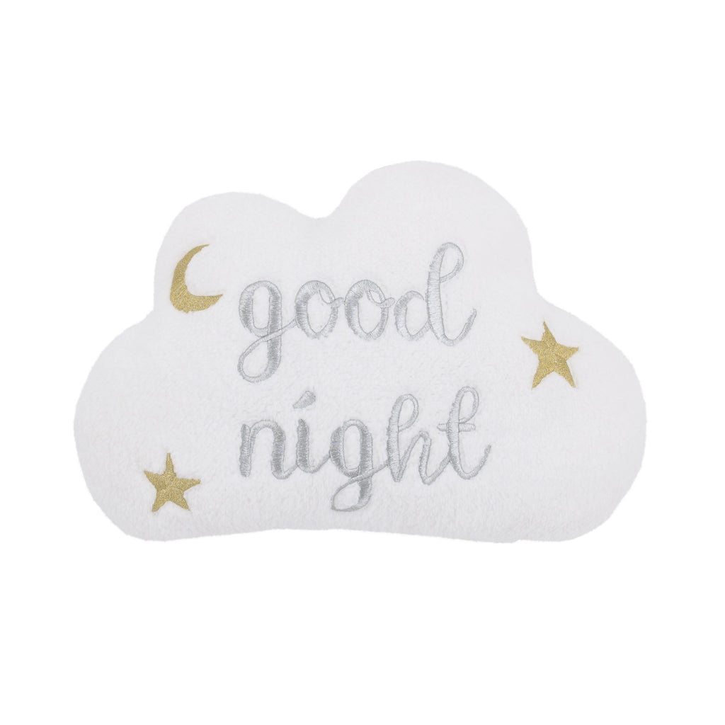 White Cloud with Gold and Silver Embroidery "Good Night" Decorative Pillow with Moon and Stars