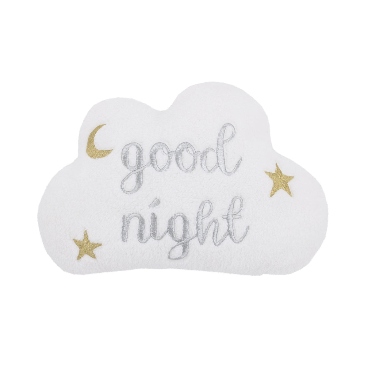 White Cloud with Gold and Silver Embroidery "Good Night" Decorative Pillow with Moon and Stars