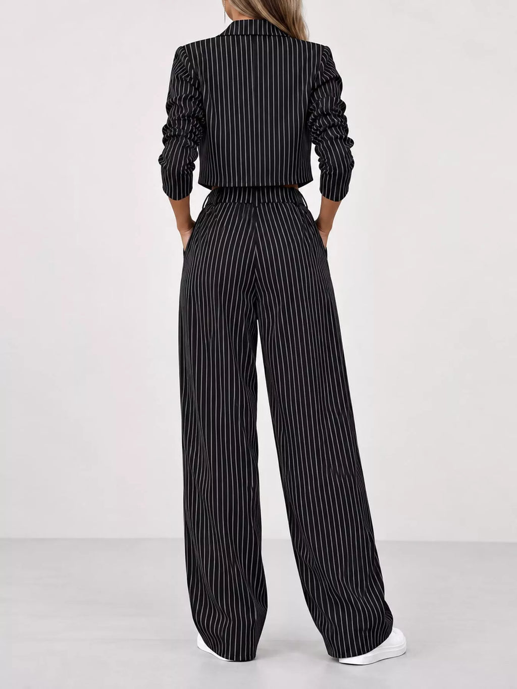 Striped Cropped Blazer and Wide-Leg Pants Two-Piece Set